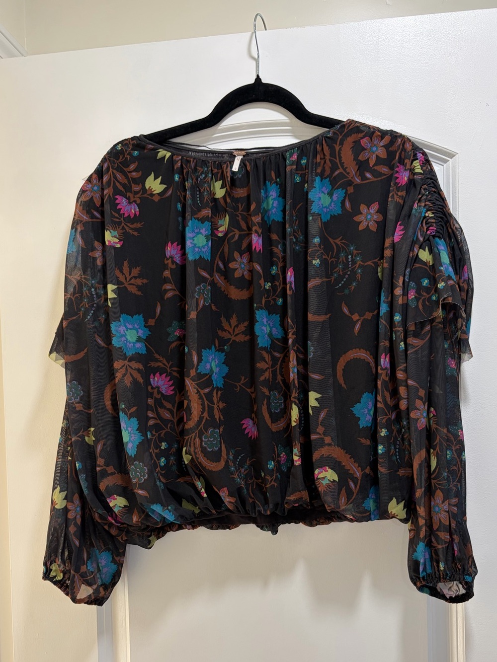 Free People Wildflower Honey Printed Floral Mesh Ruffle Top Black Combo